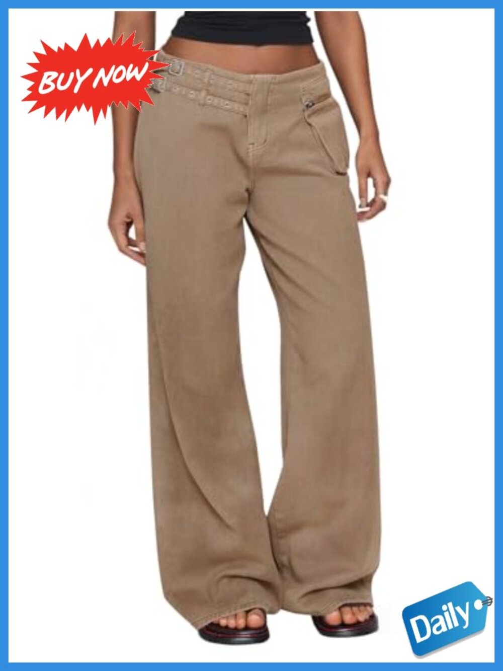 Womens Low Rise Wide Leg Cargo Jeans 100% Cotton Buckle Y2K Baggy Denim Pants